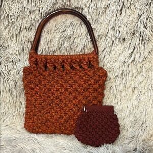 Vintage Macrame Handbag &  Coin Purse Plastic Handles Orange Retro MCM Granny
